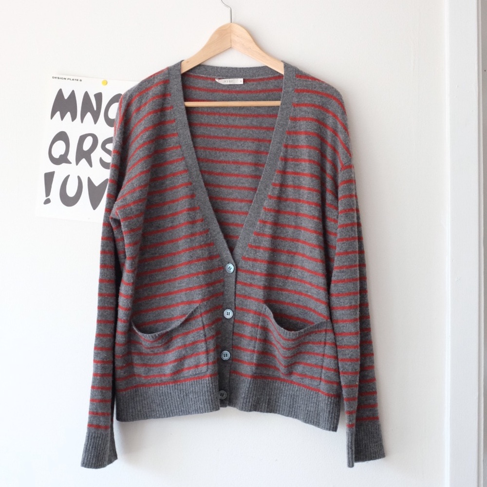 6397 Gray and Red Striped Cashmere Cardigan